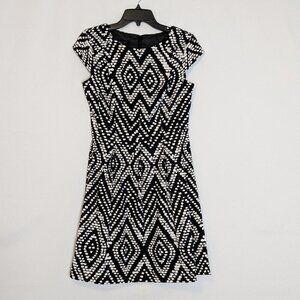 AB STUDIO Black/White Short Sleeve Fit & Flare Short Poly Knit Dress; Size 6